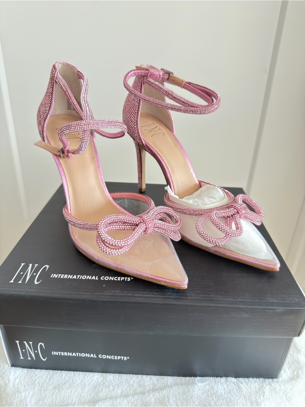 INC International Concepts Pink Crystal Bow Pointed-Toe Ankle-Strap Heels